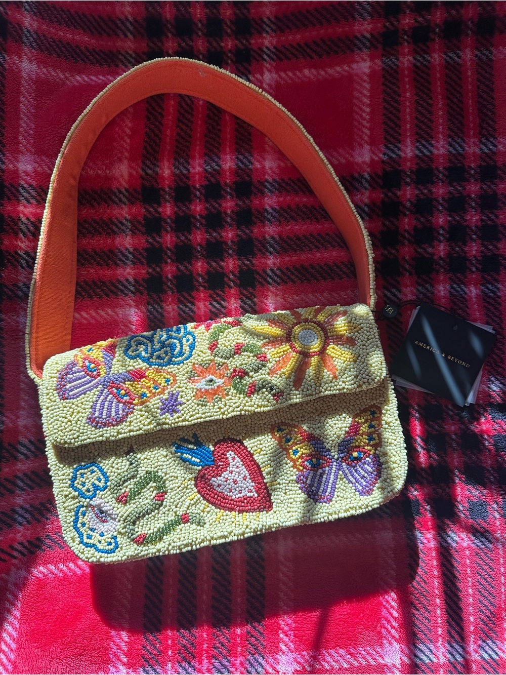 Hand-Beaded Floral & Butterfly Shoulder Bag in Yellow with Orange Strap